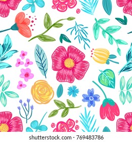 Flower and leaves drawn in pencil seamless pattern on white background. Vector illustration with set of different beautiful colorful natural plants