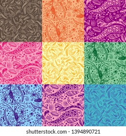 flower, leaves and fish vector pattern on different color background