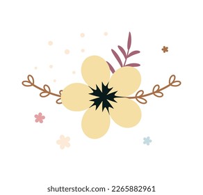 Flower with leaves, floral bouquet. Vector flowers. Spring art. Happy Easter, Woman Day element. Folk style. Posters for the spring holidays isolated on white background.