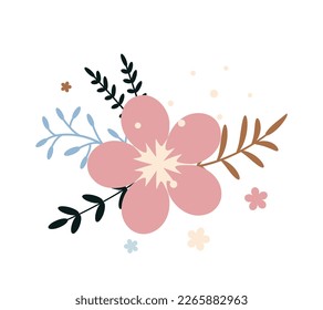 Flower with leaves, floral bouquet. Vector flowers. Spring art. Happy Easter, Woman Day element. Folk style. Posters for the spring holidays isolated on white background.