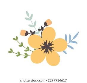 Flower with leaves, floral bouquet. Vector flowers. Spring art. Happy Easter, Woman Day element. Folk style. Posters for the spring holidays isolated on white background.