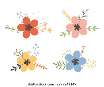 Flor de hojas, ramos de flores. Flores vectoriales. Arte de primavera. Feliz Pascua, elemento del Día de la Mujer. Estilo popular. Carteles de las vacaciones de primavera aislados en fondo blanco.