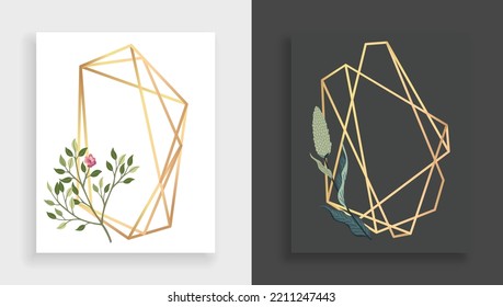 Flower and leaves with geometric frame polyhedron. Concept of wedding poster or invitation. Card template with floral elements