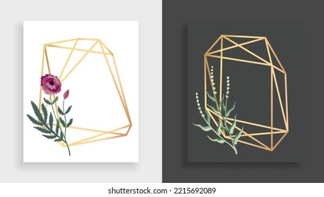 Flower and leaves with geometric frame polyhedron. Concept of wedding poster or invitation. Card template with floral elements