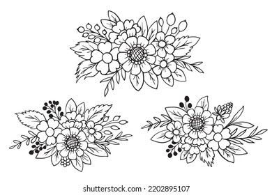 flower and leaves line art ornament collection, flower doodle line art isolated