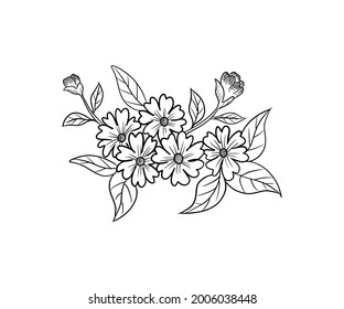 Flor y hojas vectores de arte de línea. Estilo de dibujo a mano. Ilustración de símbolo de hoja