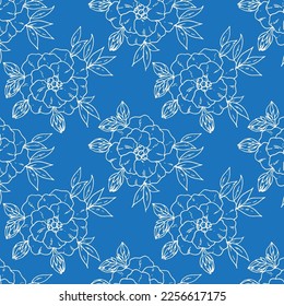 Blume mit Laubmuster auf blauem Hintergrund