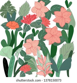 Flower and leaves pattern tropical botanical greenery garden concept,illustration vector by freehand doodle comic art for summer banner background or textile printed