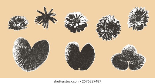 Flower and leaves photocopy collage stickers. Stippled monochrome effect florals assets. Collage paper halftone botanical element. Gazette cutouts set. Vector dotted scrapbook illustration isolated.