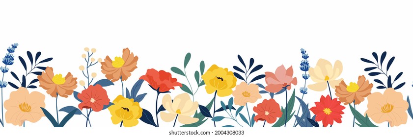 Flower and leaves seamless background vector. Blooming flowers collection with leaves, floral bouquets. Spring art wallpaper with botanical elements. Horizontal  banner design for the spring holiday.