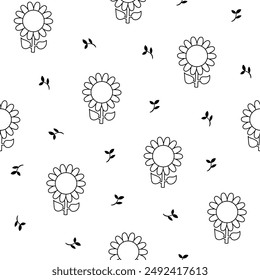 Flower with leaves. Seamless pattern. Coloring Page. Spring time. Hand drawn style. Vector drawing. Design ornaments.