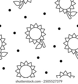 Flower with leaves. Seamless pattern. Coloring Page. Spring time. Hand drawn style. Vector drawing. Design ornaments.