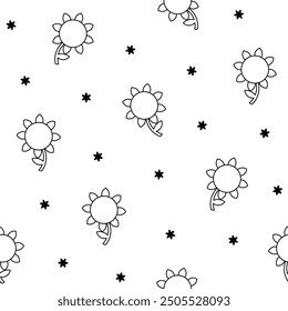 Flower with leaves. Seamless pattern. Coloring Page. Spring time. Hand drawn style. Vector drawing. Design ornaments.