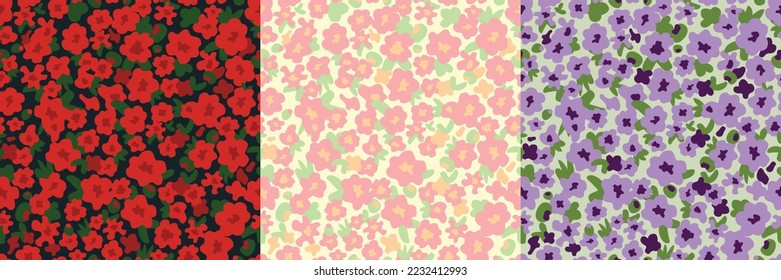 Flower and leaves seamless repeating pattern three color variation red green black pastel pink yellow and purples for textile print fabric paper wallpaper background greeting card web abstract vector  - Shutterstock ID 2232412993