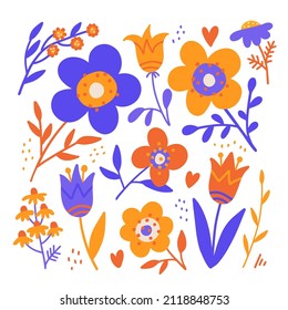 Flower and leaves set in doodle flat style. Colorful design for cards, stickers, printed materials. Vintage folk style. Vector hansd drawn design. Cute floral illustration. Child cartoon flower