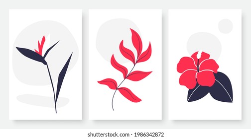 Flor y deja un solo juego de ilustración de vectores de línea continua. Resumen hoja tropical creativa simple, plantas de color rojo y negro, fondo de plantilla dibujado a mano para historias en medios sociales