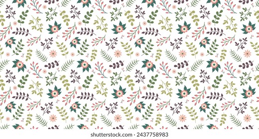 Flower and Leaves Spring elegant seamless Pattern on white background. Floral repeating design for print. Flat summer vector texture. Botanical minimalistic Nature background for textile and wrapping.