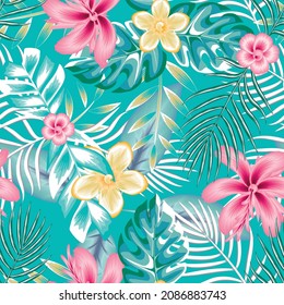 Flower and leaves tropical exotic seamless pattern colorful fabric texture print repeated. Exotic beige frangipani, abstract hibiscus floral elements, palm leaves tropic blue and branches on pastel