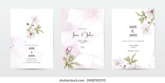 Flower and leaves watercolor wedding invitation template cards set. Collection watercolor botanical vector suitable for Wedding Invitation, save the date, thank you, or greeting card.