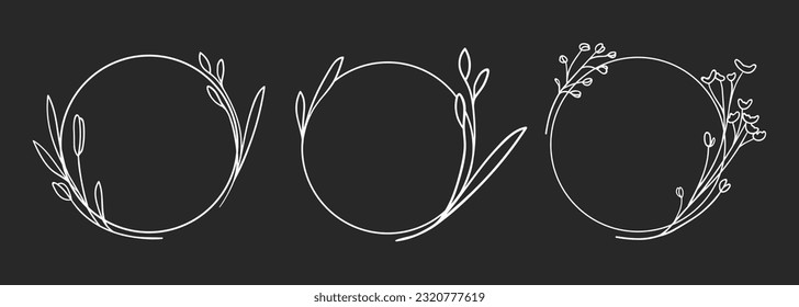 Flower Leaves wreath set with black circle shapes on white background. Floral collection line art. Outline vector flowers. Wedding elegant continuous line drawing.