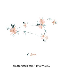 Flower Leo zodiac sign clip art isolated on white. Celestial floral daisy constellation vector illustration. Magical Boho spiritual bloomy astrological design.