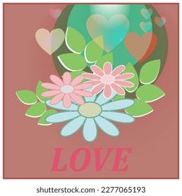 Flower and lettering love pastel card. Colorful sign on pink background. Romantic silhouette symbol. Color mark for t shirt, valentine day and wedding, card. Design element. Vector illustration.