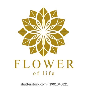 Flor de la vida símbolo antiguo precioso y elegante logotipo vectorial o emblema aislado sobre fondo blanco, elemento de diseño de geometría sagrada, signo esotérico.