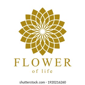 Flor de la vida símbolo antiguo precioso y elegante logotipo vectorial o emblema aislado sobre fondo blanco, elemento de diseño de geometría sagrada, signo esotérico.