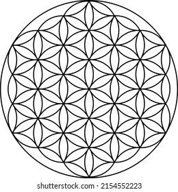 Flower of life black outline, life coach, gold pattern on white background.