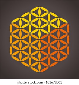 Flower of Life Cube - With three different colors it is possible to create a cube from the Flower of Life. Isolated vector on dark background.