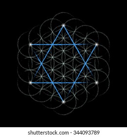 Flower Of Life with David Star. Sacred geometry. Vector illustration. 