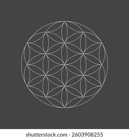 Flower of life emblem. Basic sacred geometry shapes. Vector illustration on black background