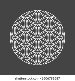 Flower of life emblem. Basic sacred geometry shapes. Thin line icon. Vector illustration on black background