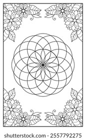 Flower of life  in floral frame. Sacred geometry zentangle style illustration. Ornamental line art tarot deck design. Romantic esoteric vector art.