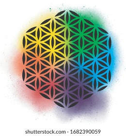Flower of life geometric pattern  mandala with rainbow spectrum watercolor