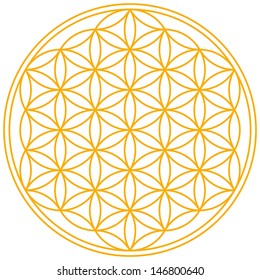 Flower of Life - A geomtrical figure, composed of multiple evenly-spaced, overlapping circles. A symbol since ancient times, forming a flower-like pattern with the symmetrical structure of a hexagon.