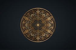 Flower Of Life, Gold Spiritual Mandala, Sacred Geometry. Bright Golden Radiant Rays Symbol Of Harmony And Balance. Mystical Talisman, Luxury Round Vector Isolated On Black Background