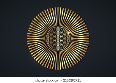 Flower of life, gold spiritual mandala, Sacred Geometry. Bright golden radiant rays symbol of harmony and balance. Mystical talisman, luxury round vector isolated on black background 