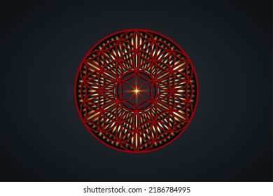 Flower of life, gold spiritual mandala, Sacred Geometry. Bright golden radiant rays symbol of harmony and balance. Mystical talisman, red luxury round vector isolated on black background