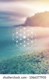 Flower of life - the interlocking circles ancient symbol. Sacred geometry. Mathematics, nature, and spirituality in universe. Self-knowledge in meditation. 