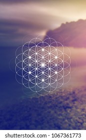 Flower of life - the interlocking circles ancient symbol. Sacred geometry. Mathematics, nature, and spirituality in universe. Self-knowledge in meditation. 