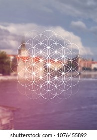 Flower of life - the interlocking circles ancient symbol. Sacred geometry. Mathematics, nature, and spirituality in universe. Self-knowledge in meditation. 