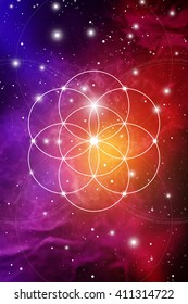 Flower of life - the interlocking circles ancient symbol on outer space background. Sacred geometry. Fibonacci row. The formula of nature. Self-knowledge in meditation. 