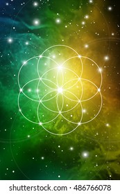 Flower of life - the interlocking circles ancient symbol on outer space background. Sacred geometry. The formula of nature.