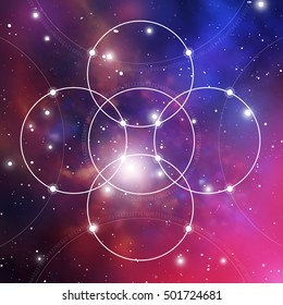 Flower of life - the interlocking circles ancient symbol on outer space background. Sacred geometry. The formula of nature.
