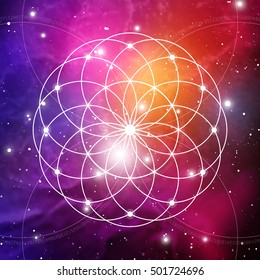 Flower of life - the interlocking circles ancient symbol on outer space background. Sacred geometry. The formula of nature.