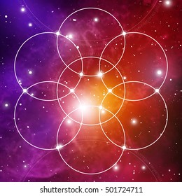 Flower of life - the interlocking circles ancient symbol on outer space background. Sacred geometry. The formula of nature.