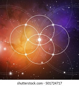 Flower of life - the interlocking circles ancient symbol on outer space background. Sacred geometry. The formula of nature.