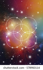 Flower of life - the interlocking circles ancient symbol in front of outer space background. Sacred geometry - mathematics, nature, and spirituality, the formula of nature.