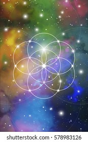 Flower of life - the interlocking circles ancient symbol in front of outer space background. Sacred geometry - mathematics, nature, and spirituality, the formula of nature.